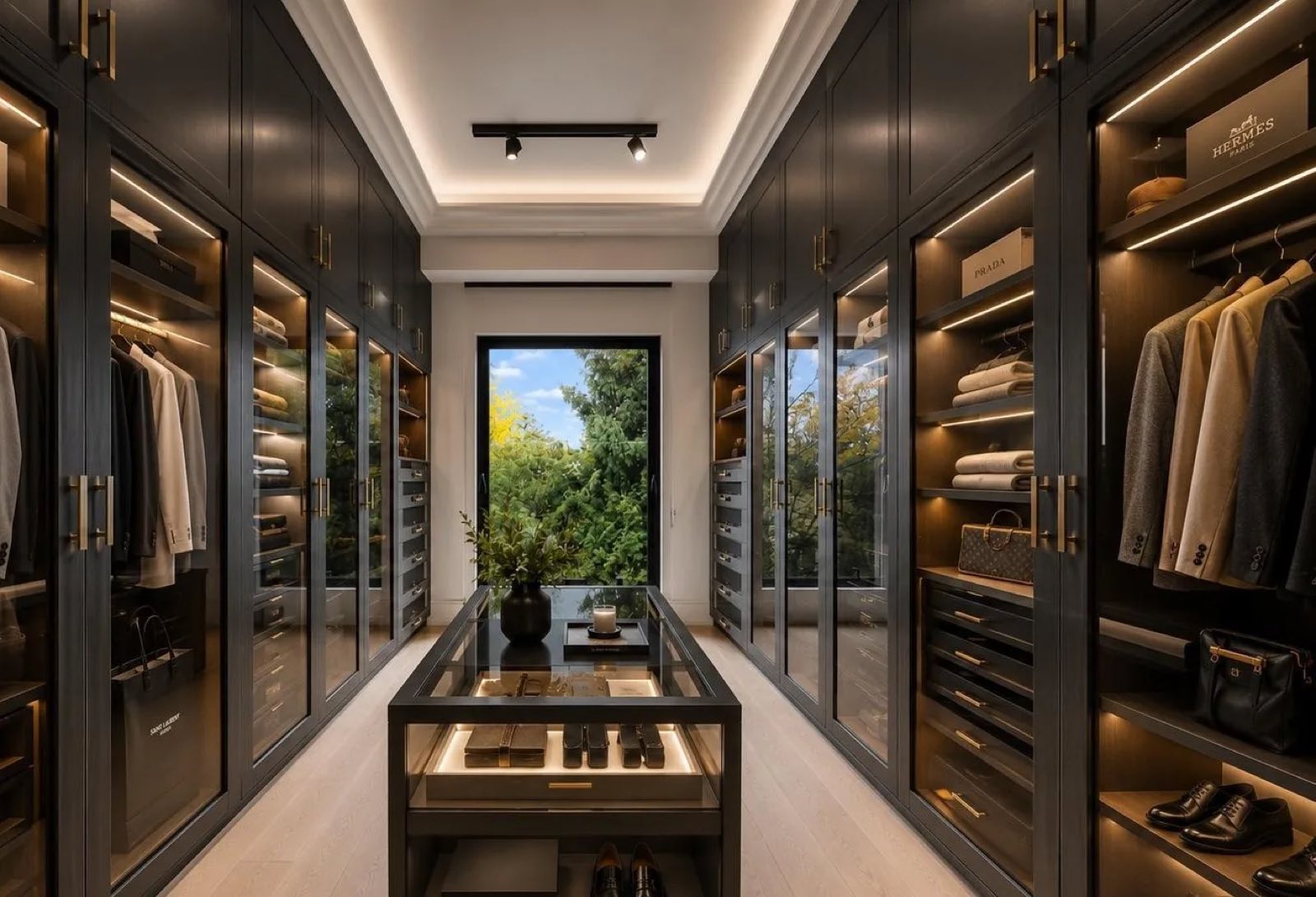 Custom walk-in closet with lit shelving and a glass-top island